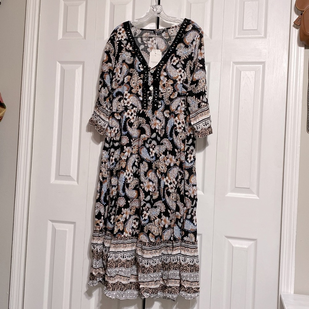 BloomChic Black Paisley Midi Dress with Cream and Light Blue Accents